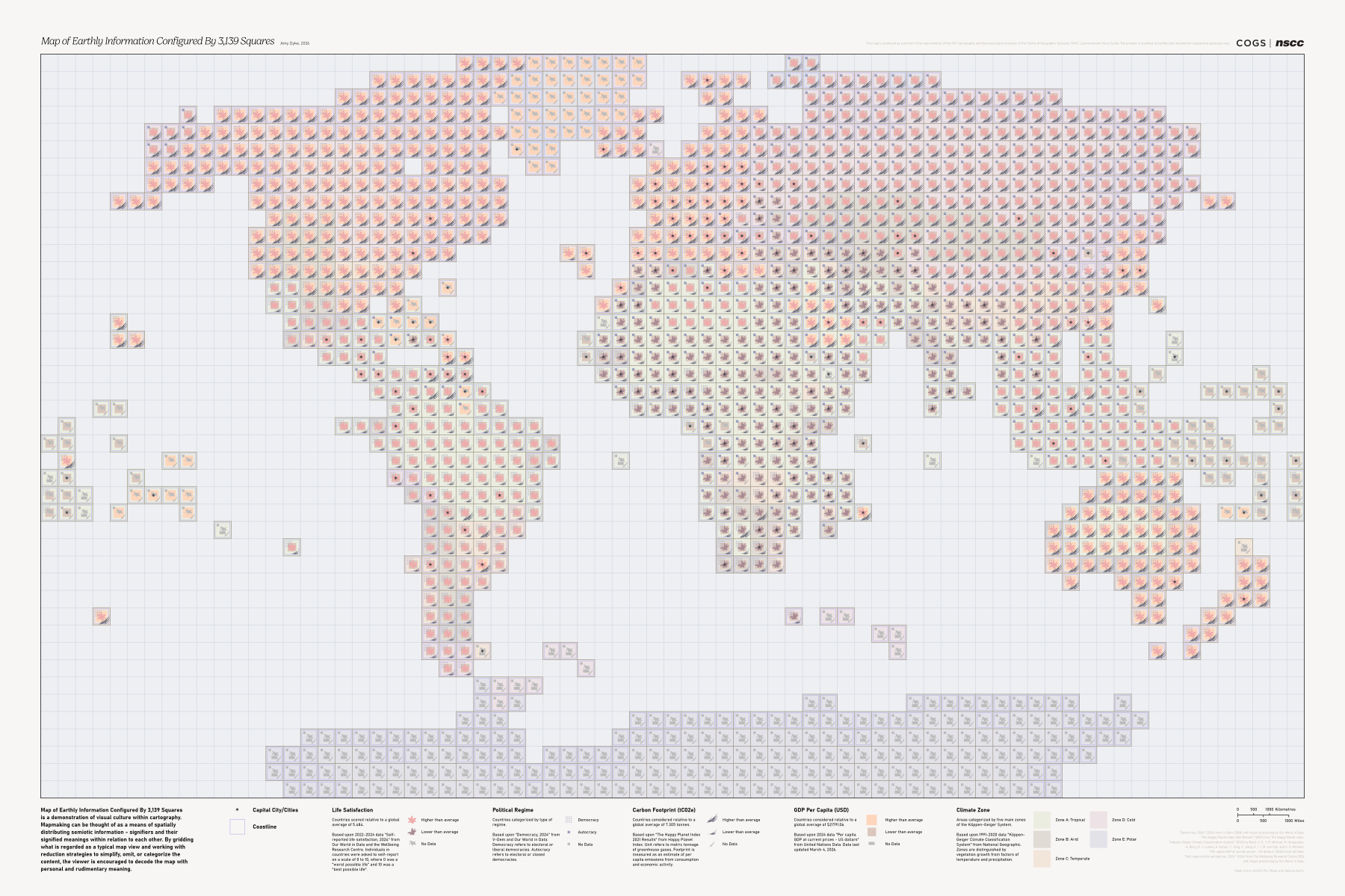 A pastel-coloured poster of a world map in small, gridded squares featuring a variety of symbols correlating to a legend of demographic information.