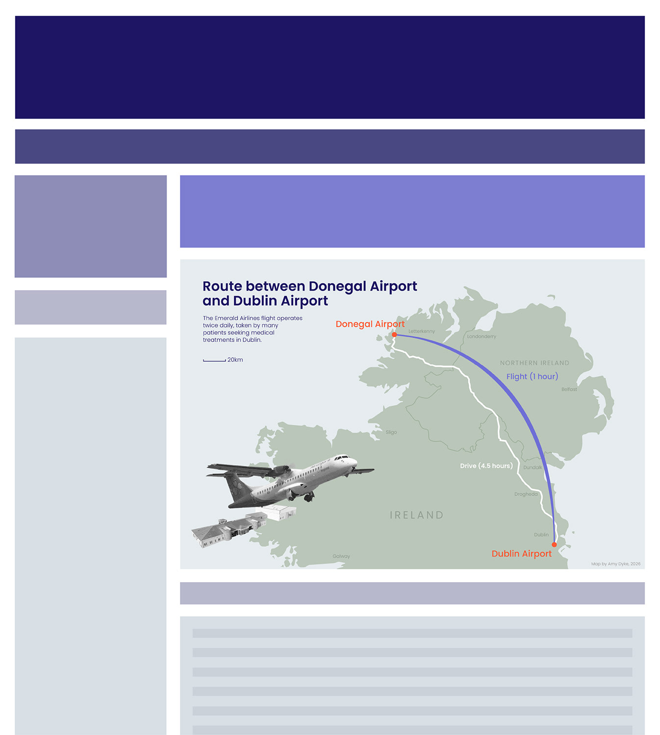 A purple, blocky layout inspired by a news website featuring a small thematic map of airports in Donegal and Dublin, Ireland.