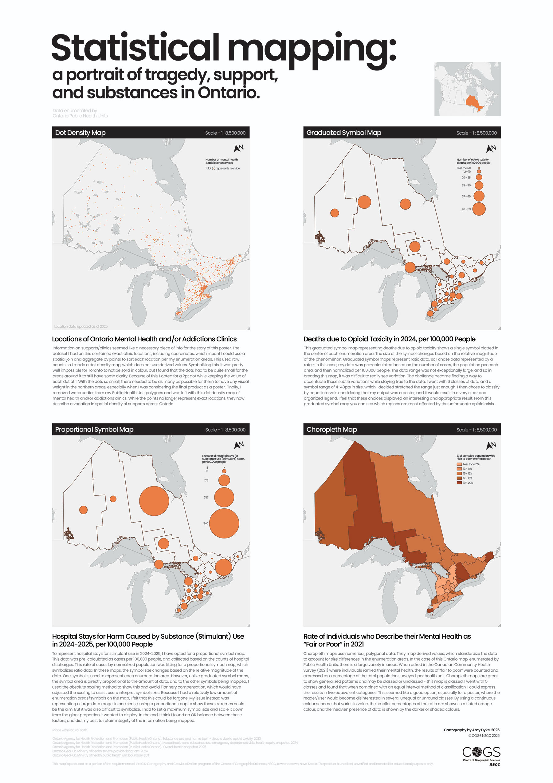 A modern black, white, and orange poster on Statistical Mapping in Ontario, featuring four types of geospatial visualizations.