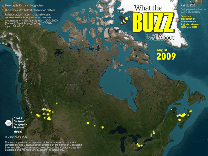 An animated gif of Canada in satellite imagery with clusters of bright yellow data points representing bumblebees and their changing distribution from 2009 to 2019, titled What the Buzz is All About.
