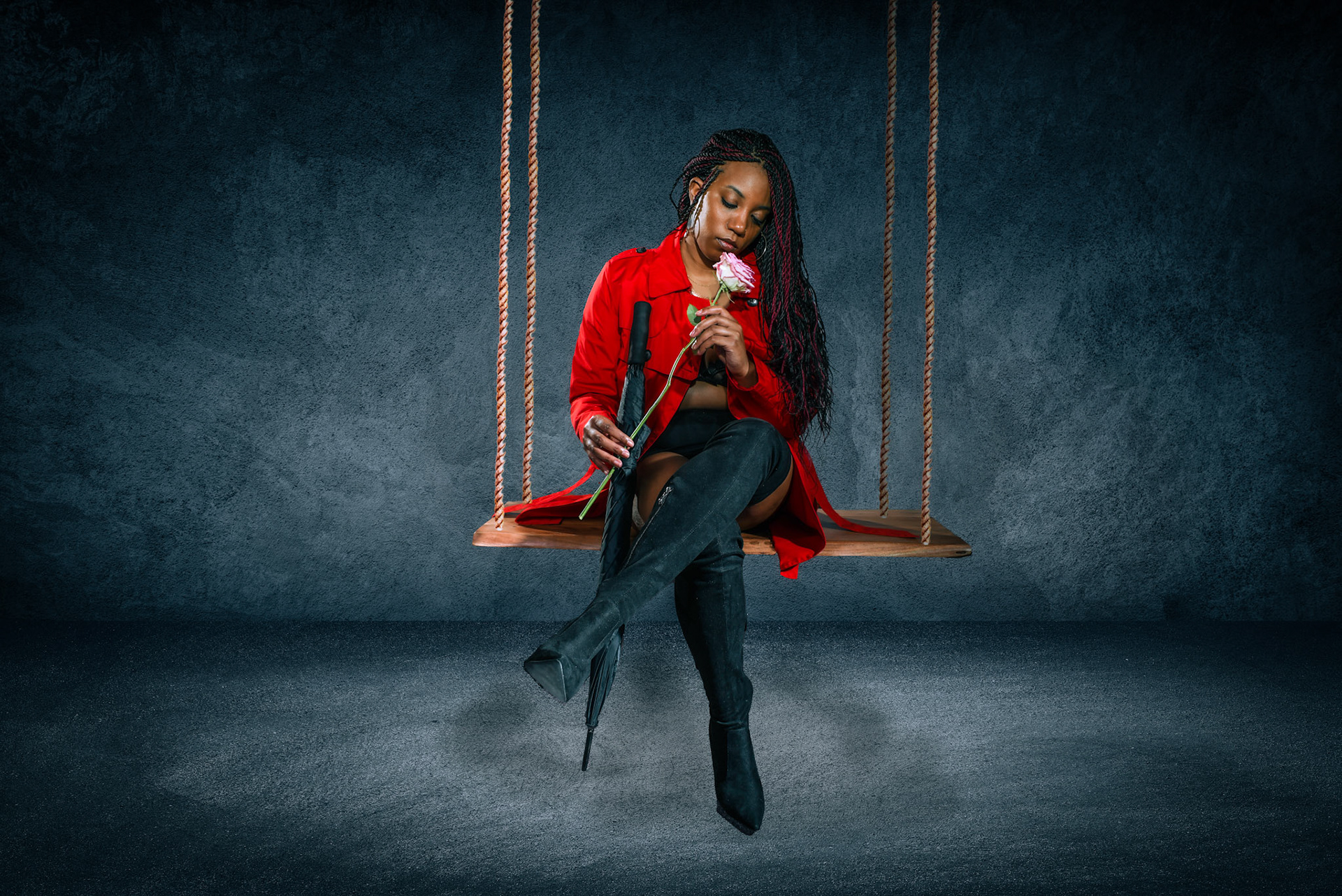 Studio room, Floor and wall background, Dark black and blue grungy background for display or montage of product.