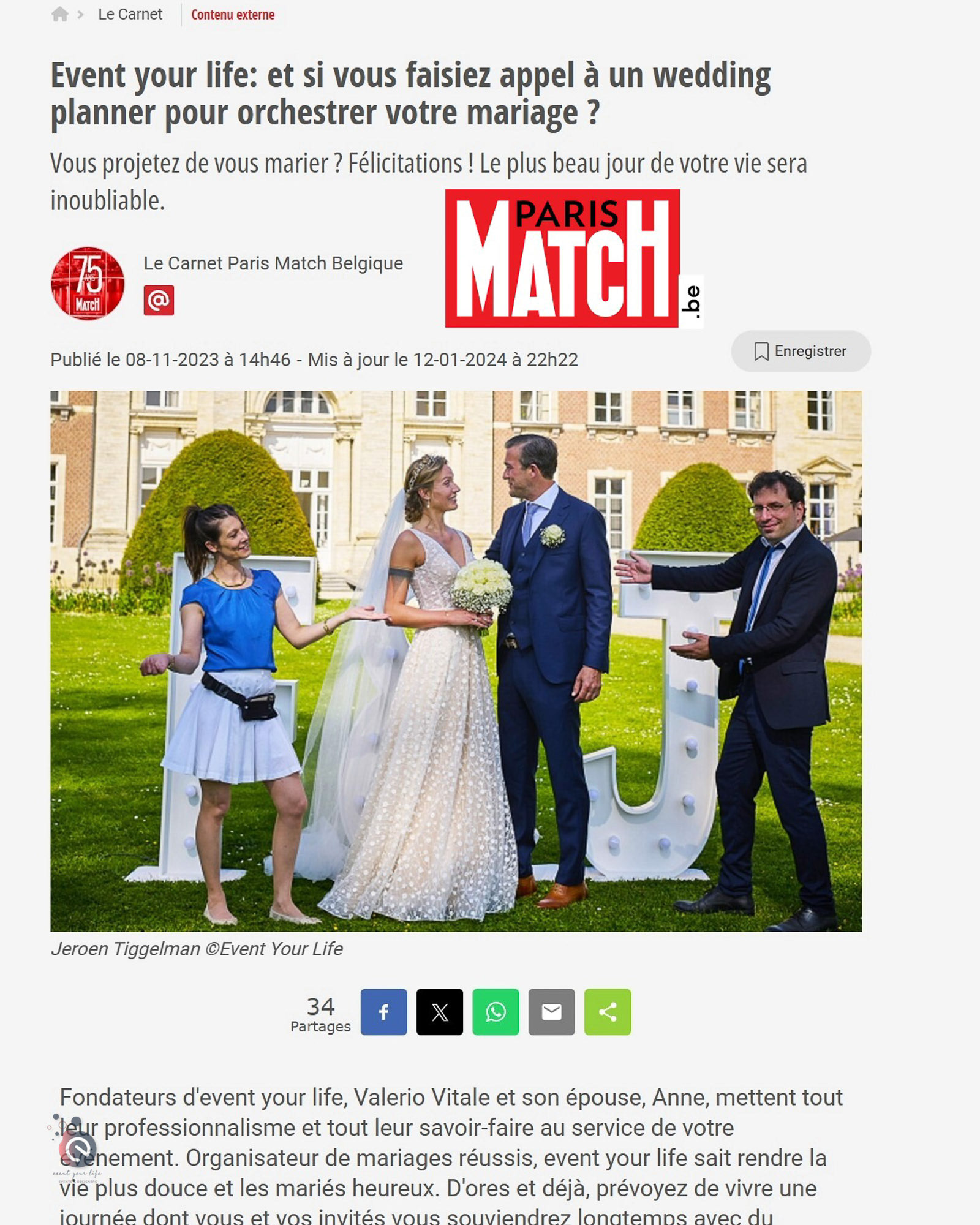 event your life wedding planner Belgique article Paris Match 2023