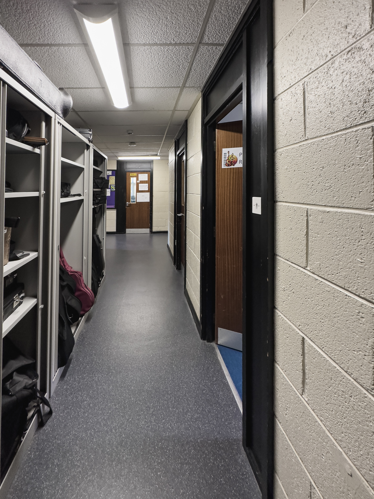 Looking down the practice rooms corridor