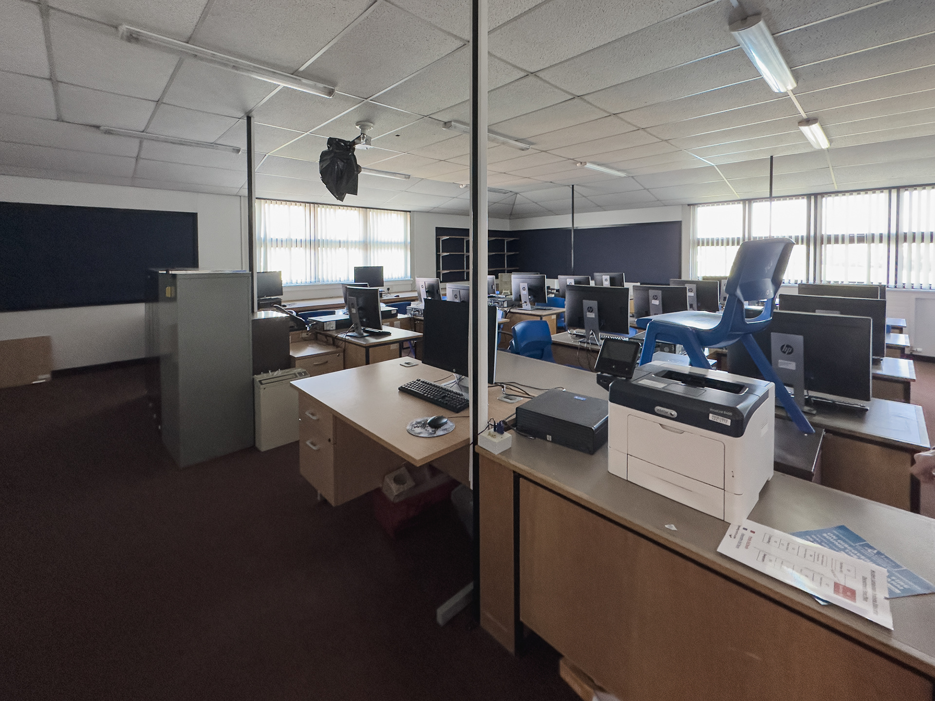 Business studies room - on the corner nearest the sports centre, overlooking the playing fields.