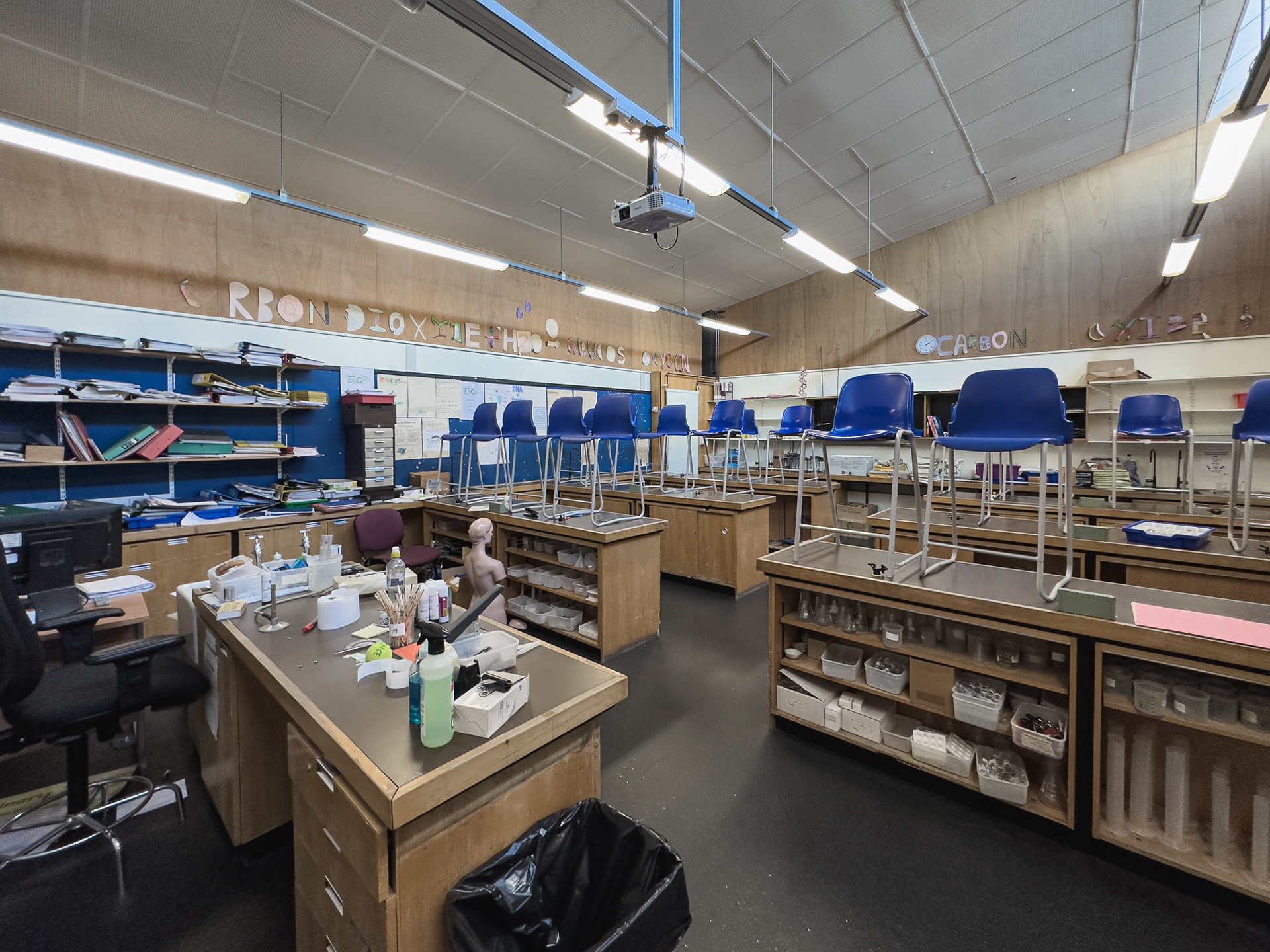 Biology classroom - the one with the high ceiling.