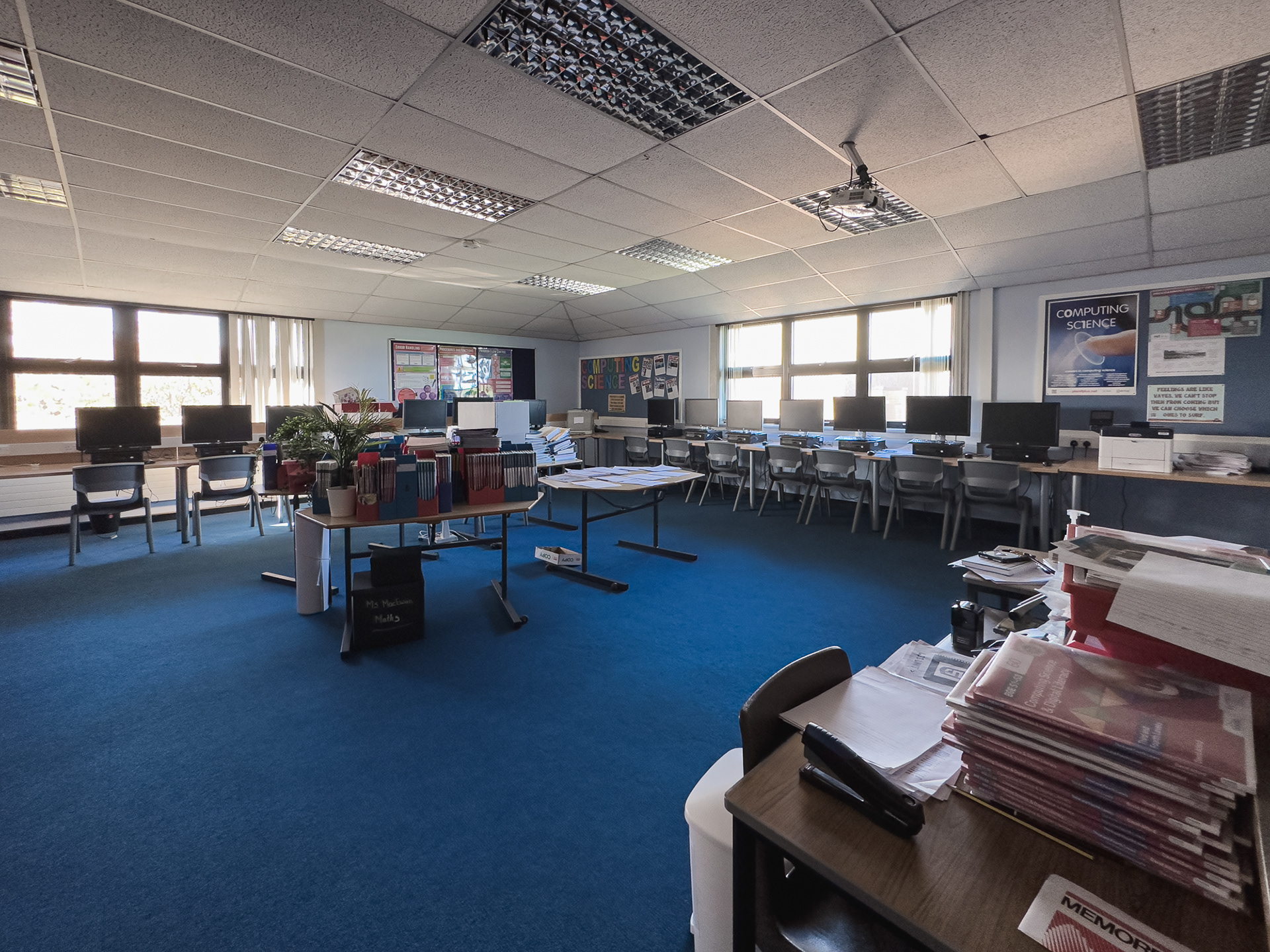 Business studies room - on the corner nearest the sports centre, overlooking the concreted front area.