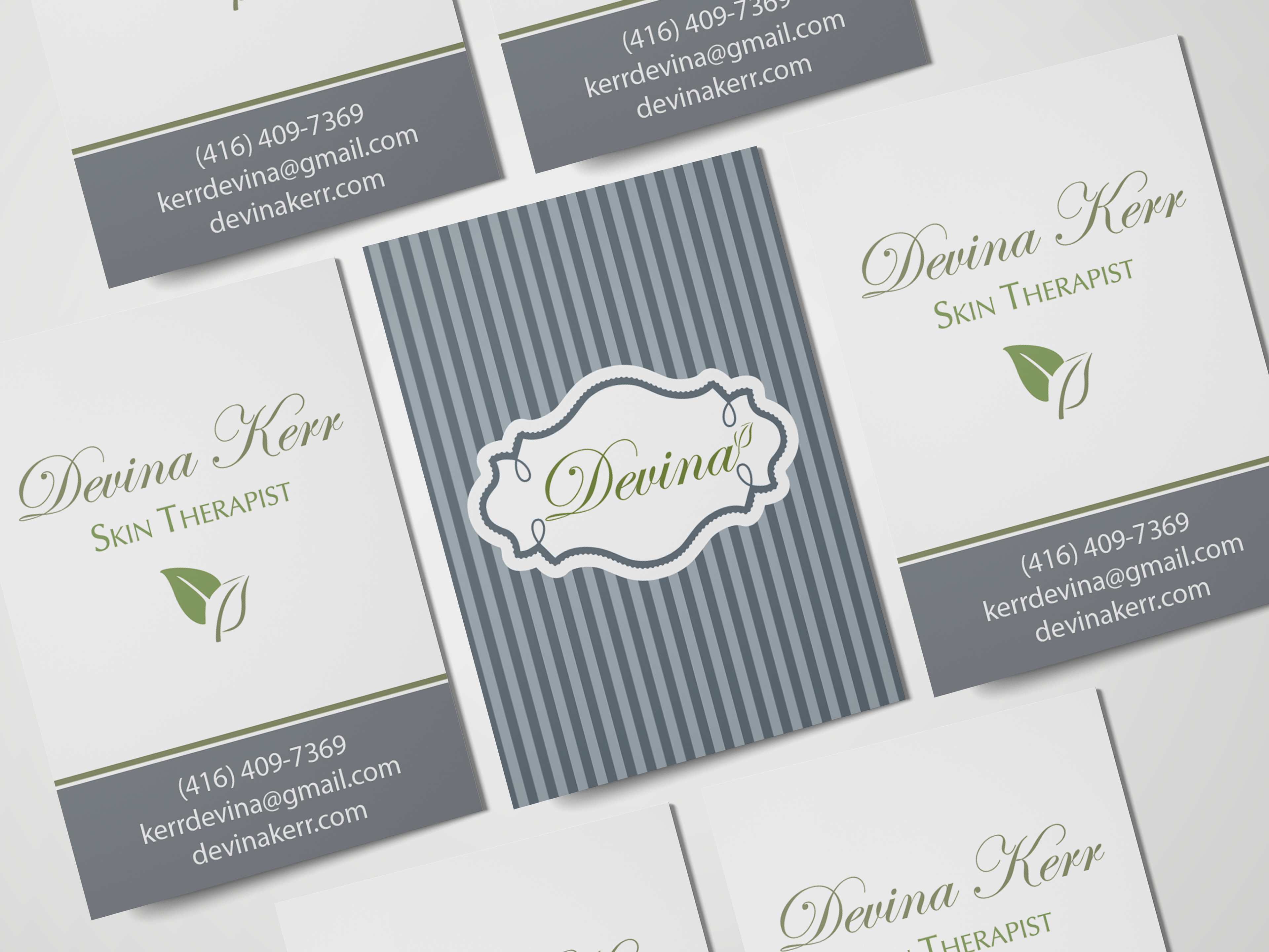 Devina Kerr Business Cards, striped grey blue cards