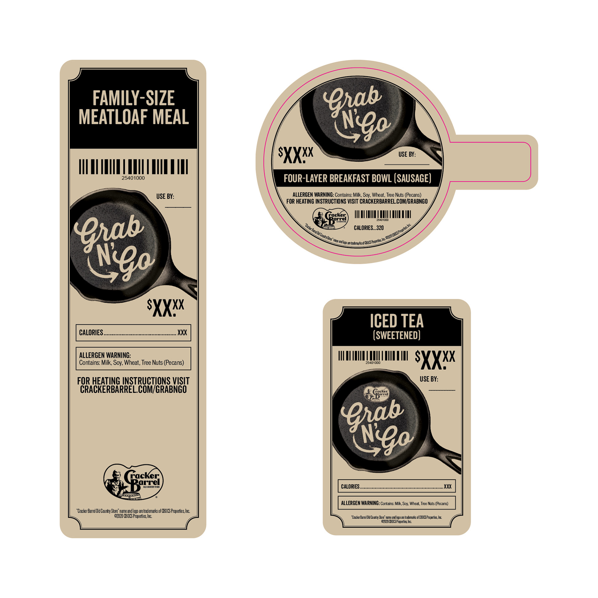 Label variations for heat and serve carry-out initiative © CBOCS Properties, Inc.