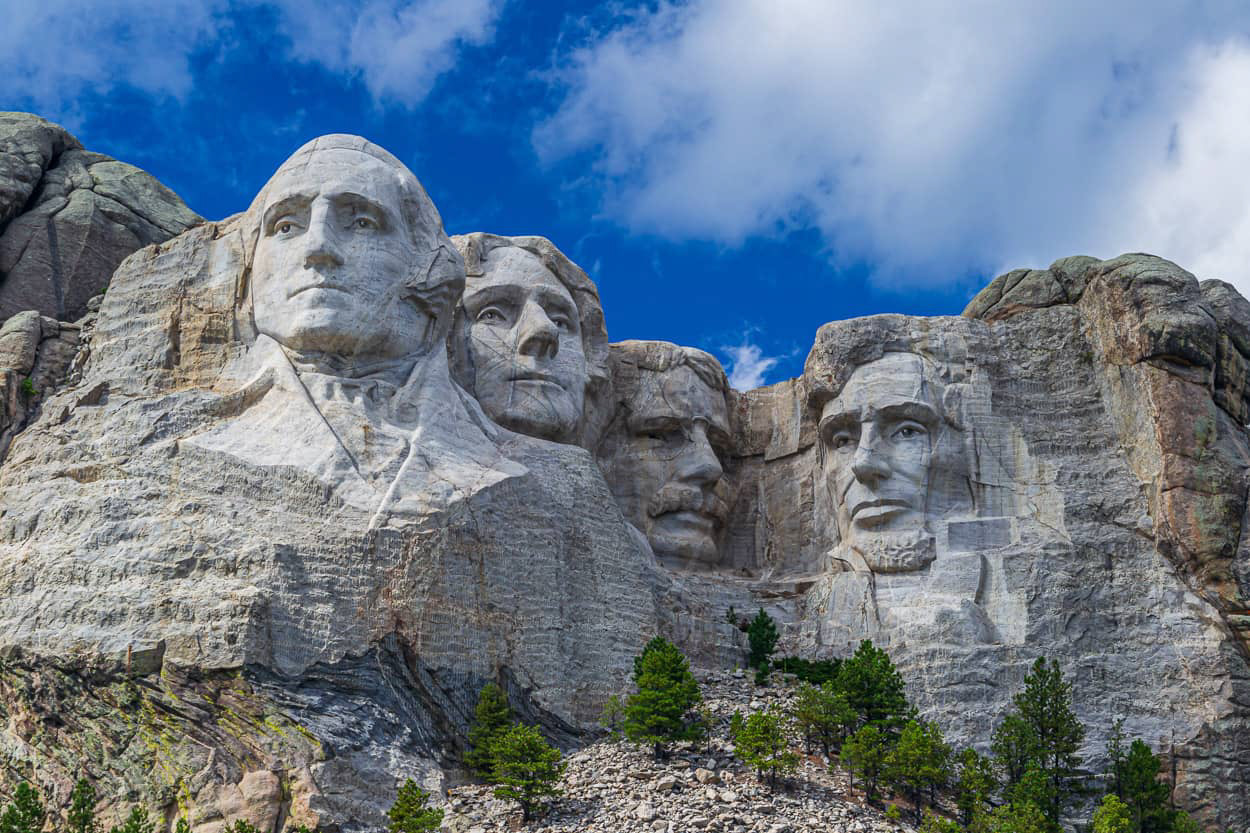 Located in the Black Hills of South Dakota, Mount Rushmore is the well known carving of four famous United States presidents.