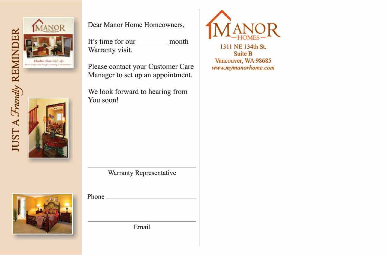 Manor Homes  postcard back created in illustrator and Photoshop to adjust color in the photographs