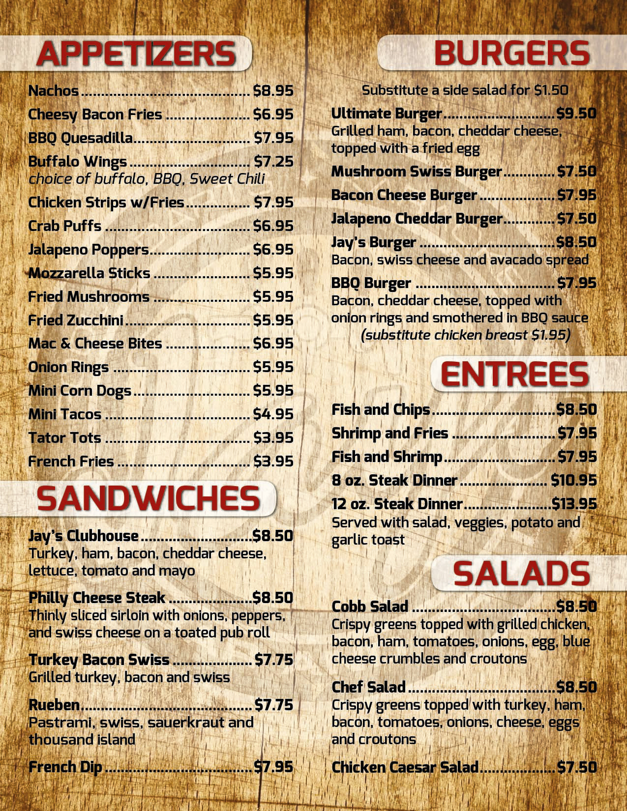 Jay's Bar and Grill inside menu created using Illustrator and Photoshop