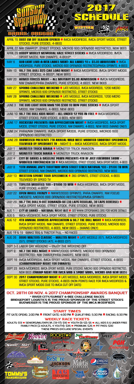 Inside pocket schedule for Sunset Speedway