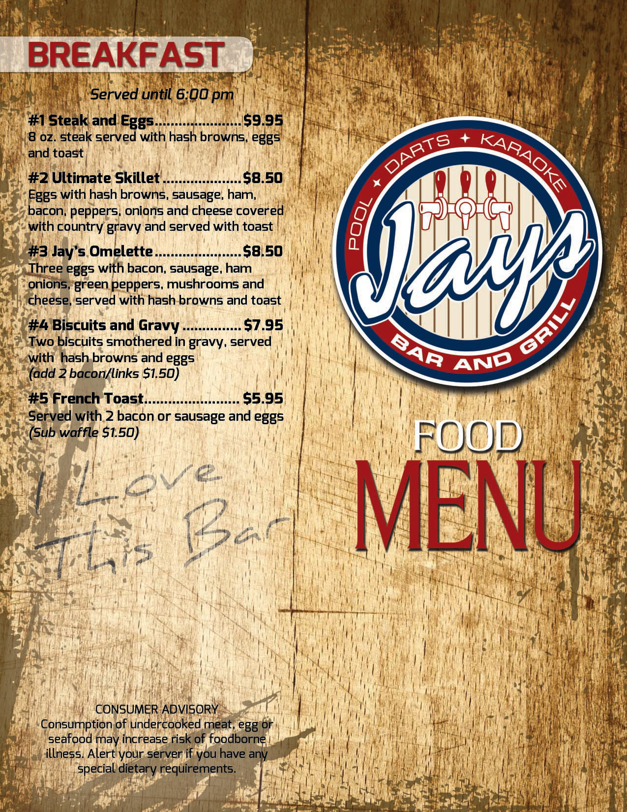 Jay's Bar and Grill outside menu created with Photoshop and Illustrator