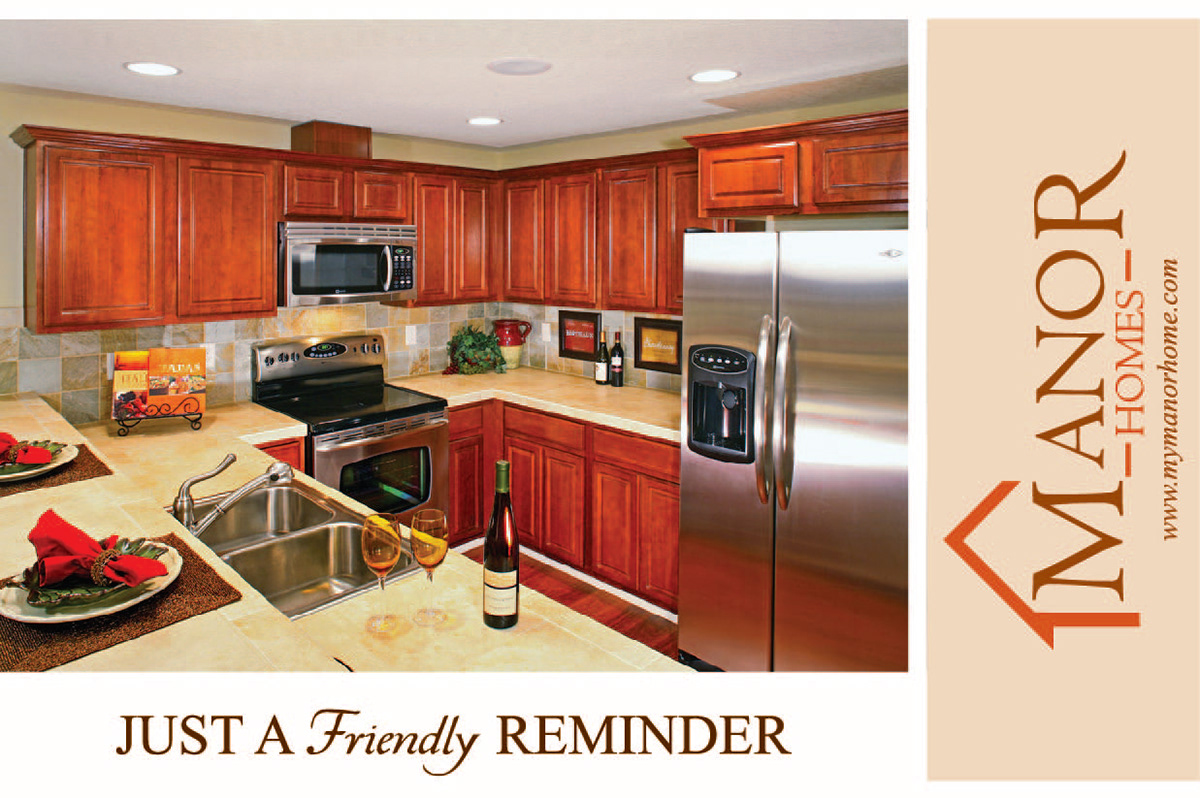 Manor Homes postcard front color correction on the photograph was done in Photoshop and the layout was created in illustrator