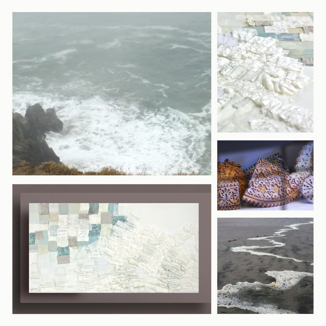 A collage depicting sources of inspiration for the artwork: a photograph of ocean beach taken from high up- sutro garden area, wooden blocks, and seafoam on sand.
