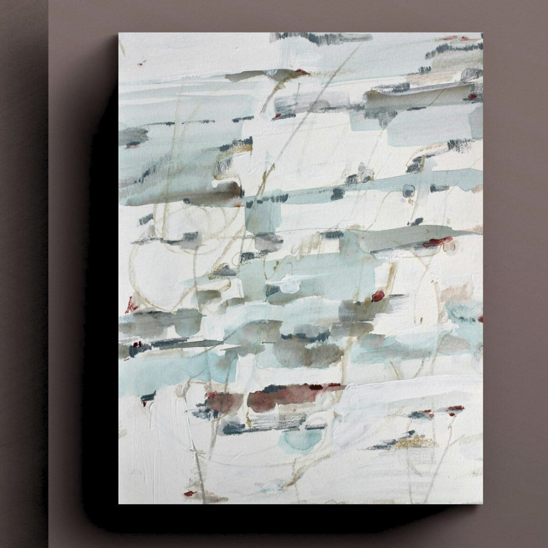 full view on mauve gallery  wall Abstract artwork with horizontal bands of misty blues, warm grays, and white accented with sprinkled shades of rosewood.