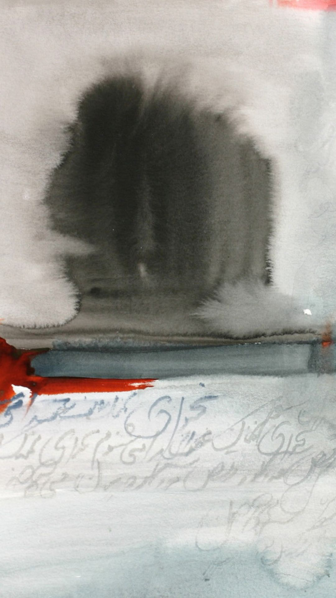 close up view of abstract watercolor in charcoal, misty blues, and red depicting the glowing coastal cliff at sunset . faded Persian poems are on the soft muted background.
