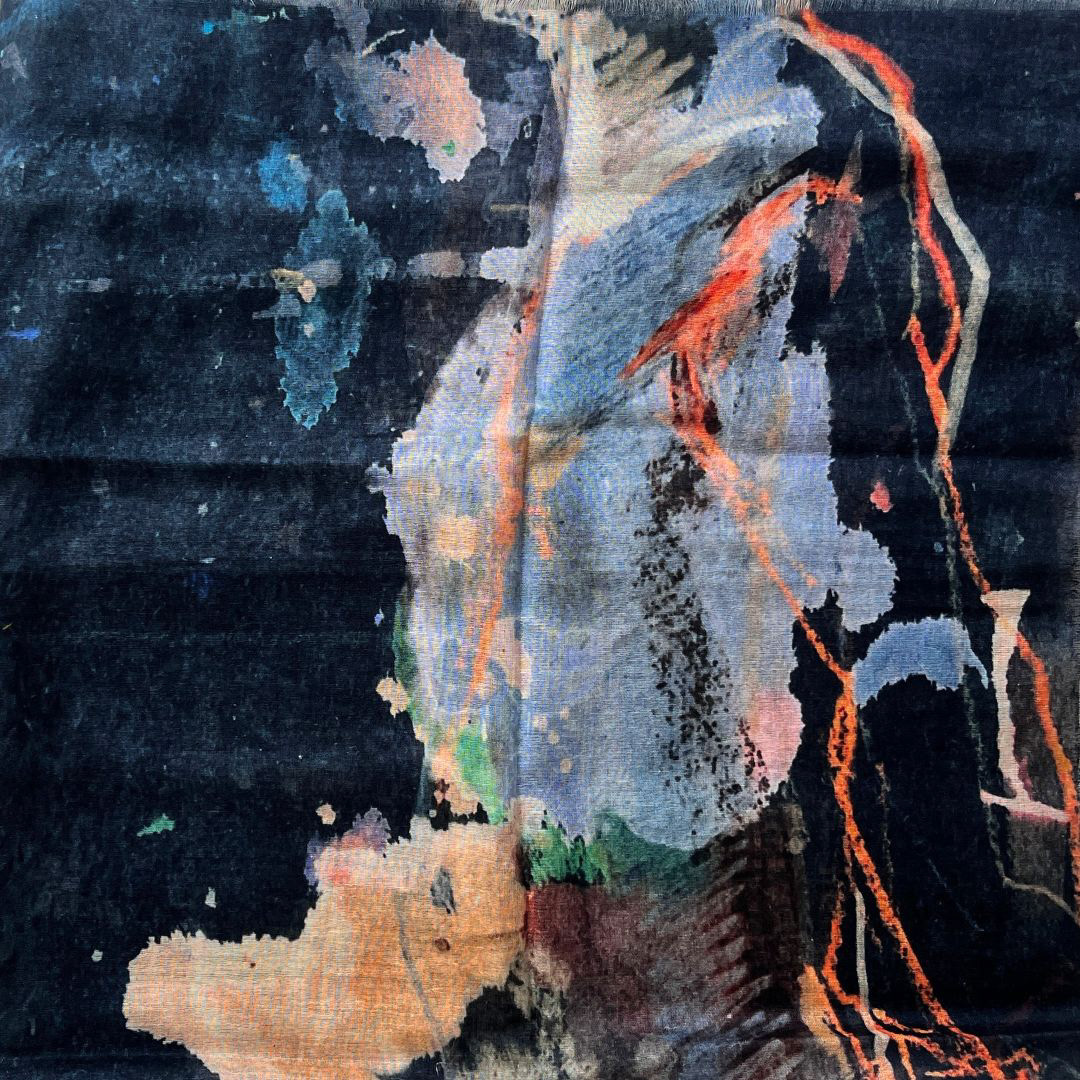 close up view of the torso-an expressionistic painting vibrant shades of purple, orange, soft brown, dusty amber, and grays.