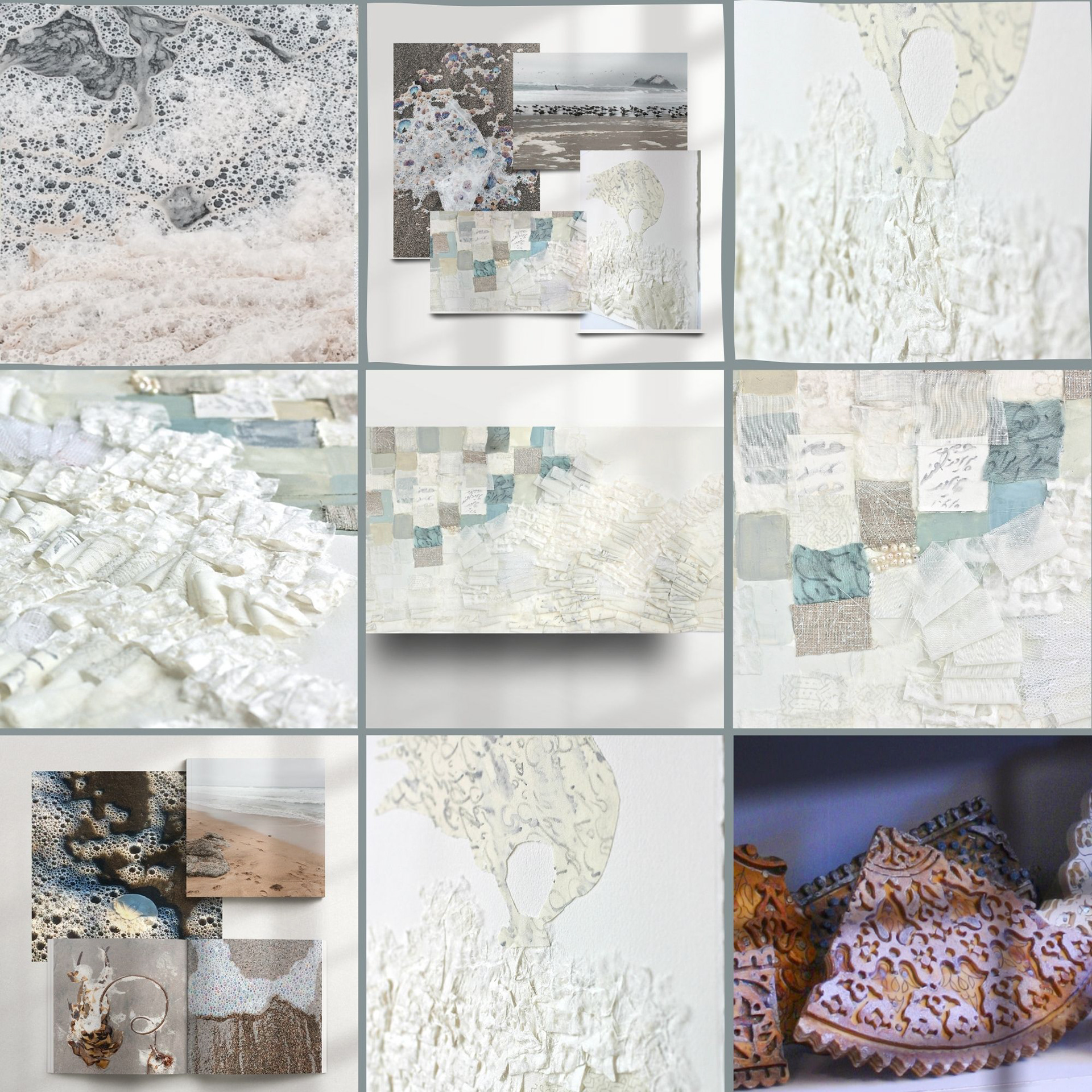 A collage featuring images of the “Seaside Whisper” mixed media art collection, and photos of ocean beach in San Francisco, seafoam formations on kelps and set of printing wooden blocks that the artists have used for this series.