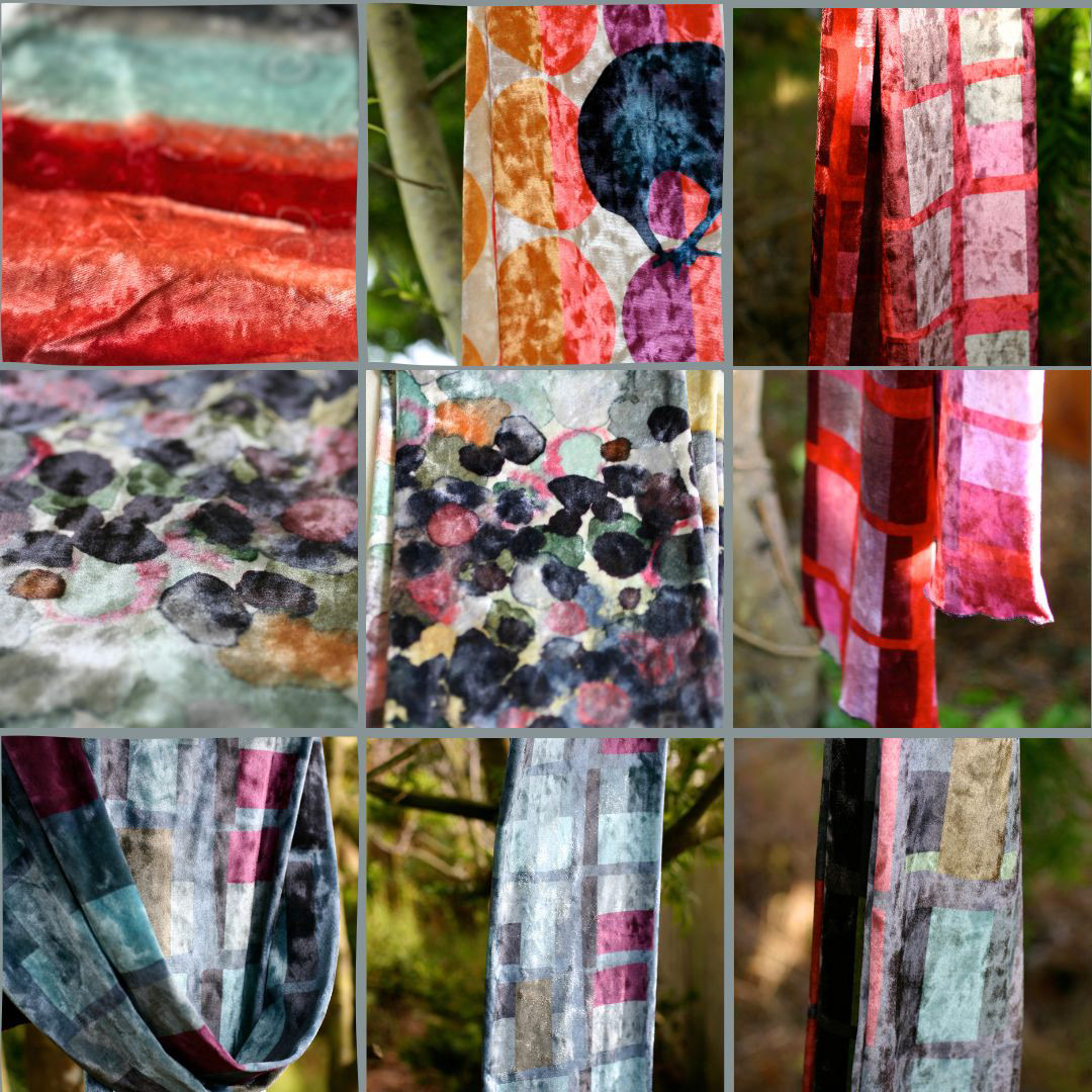 a photo collage Top middle image: A velour scarf with a crow perched on top of multi-colored dots ranging from pink to red and orange. * Top right image and middle right image: Close-up shots of geometric scarves in deep wine red colors. * Middle row, left and right images: Close-ups of a scarf design featuring wet-on-wet watercolor dots in deep shades, with orange and pink accents. * Bottom row: Geometric scarves in blue, aqua green, and silvery tones, all of the same style.