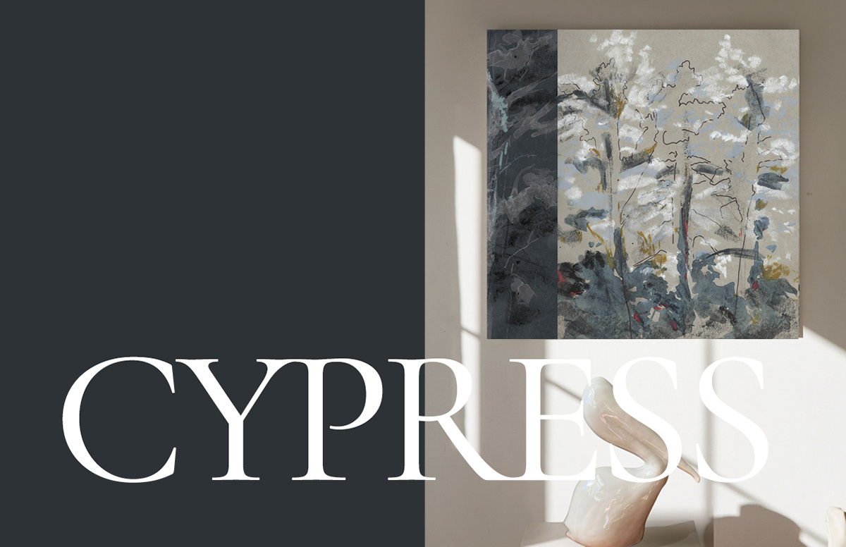 Navy background on the left, photo of a textile hanging on the right. Bold text 'cypress' across the image. White wall, sunlit white pelican sculpture on a table underneath the art.