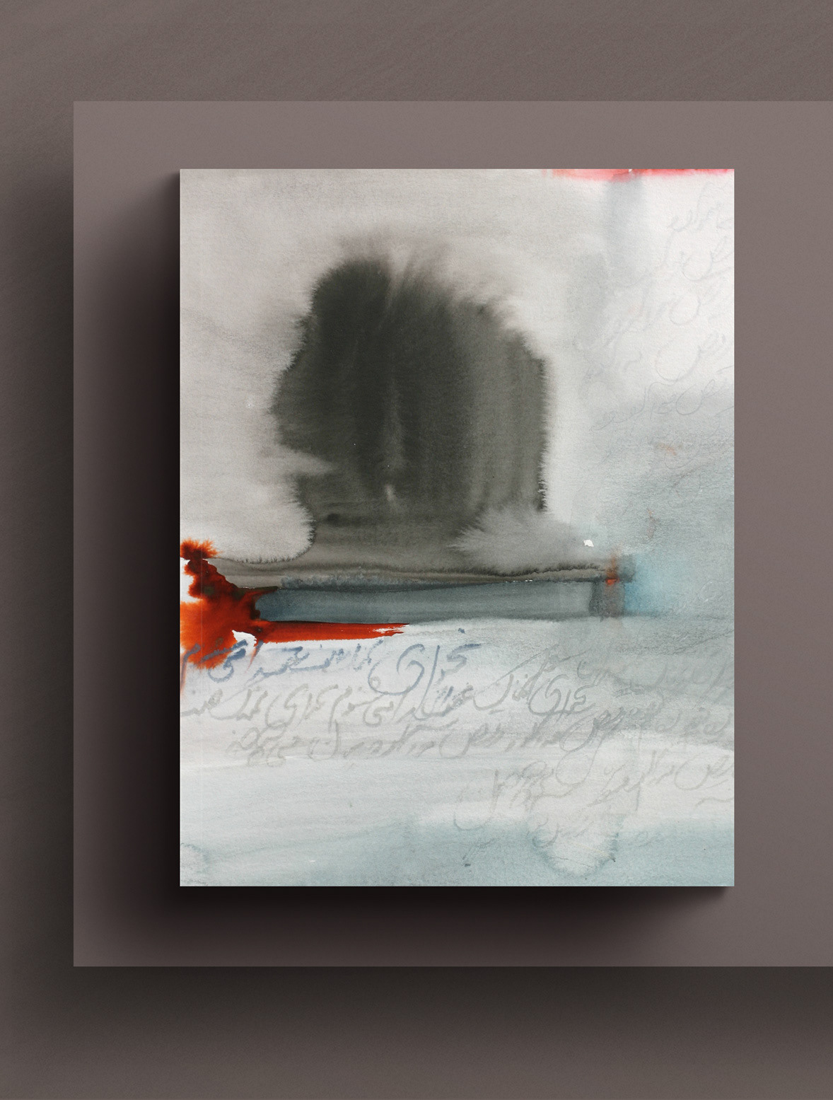 abstract watercolor in charcoal, misty blues, and red depicting the glowing coastal cliff at sunset . art shown on mauve wall frames