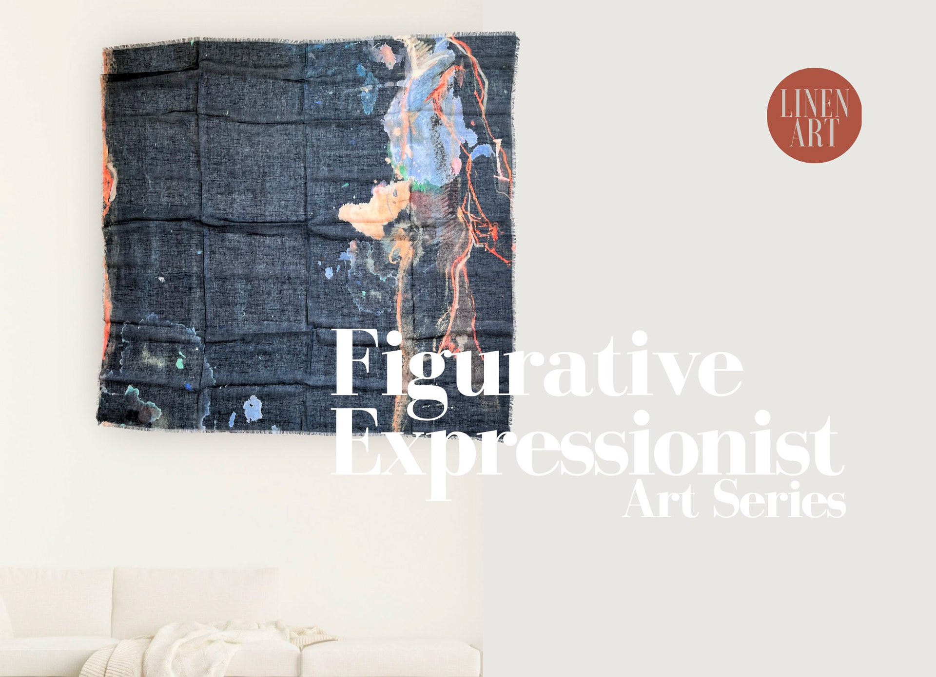 white gallery wall showing Indigo linen scarf with an expressionistic figure painting on the right side, featuring vibrant shades of purple, orange, soft brown, dusty amber, and grays.
