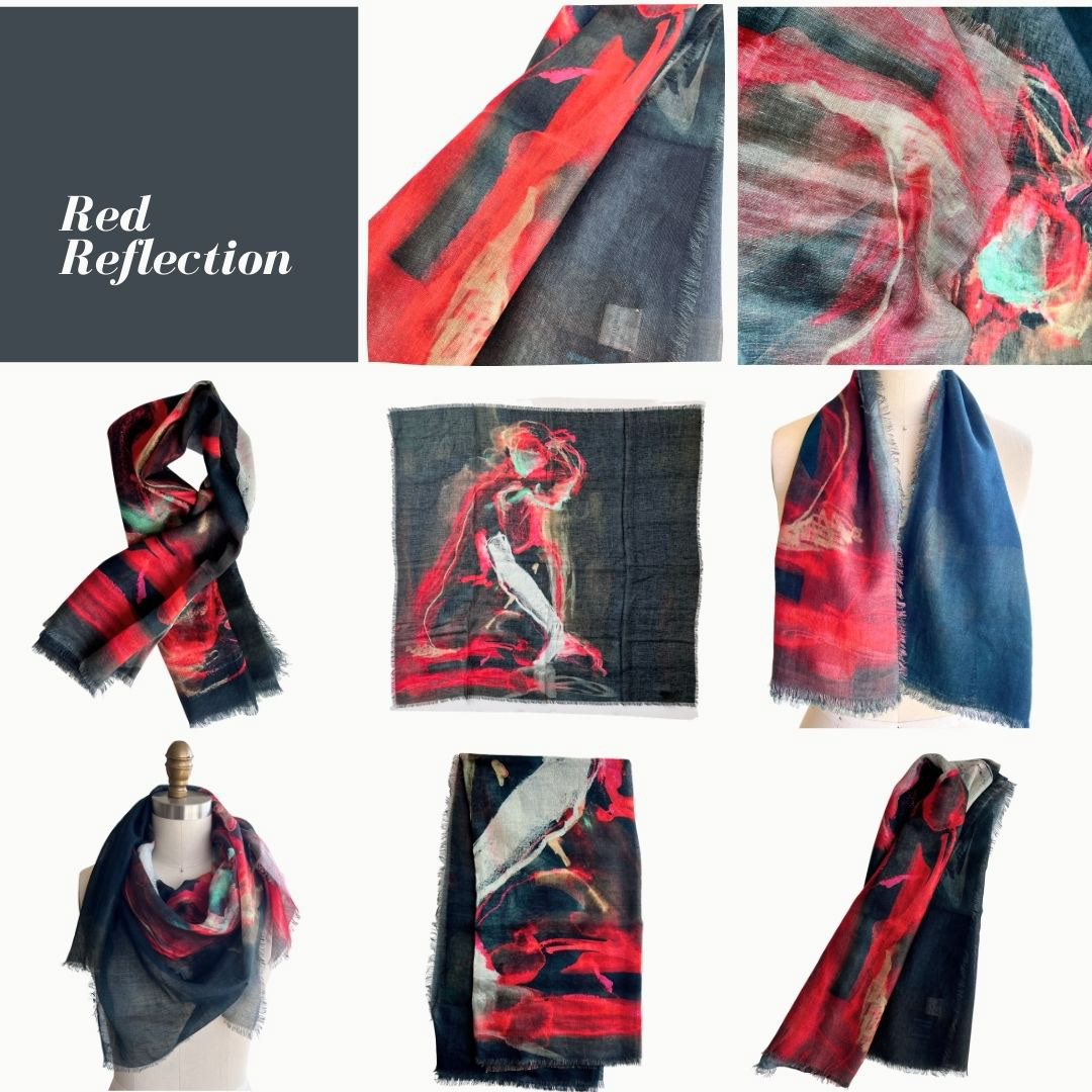 photo collage of the linen artwork in flat form and folded form the title on top left reads Red Reflection