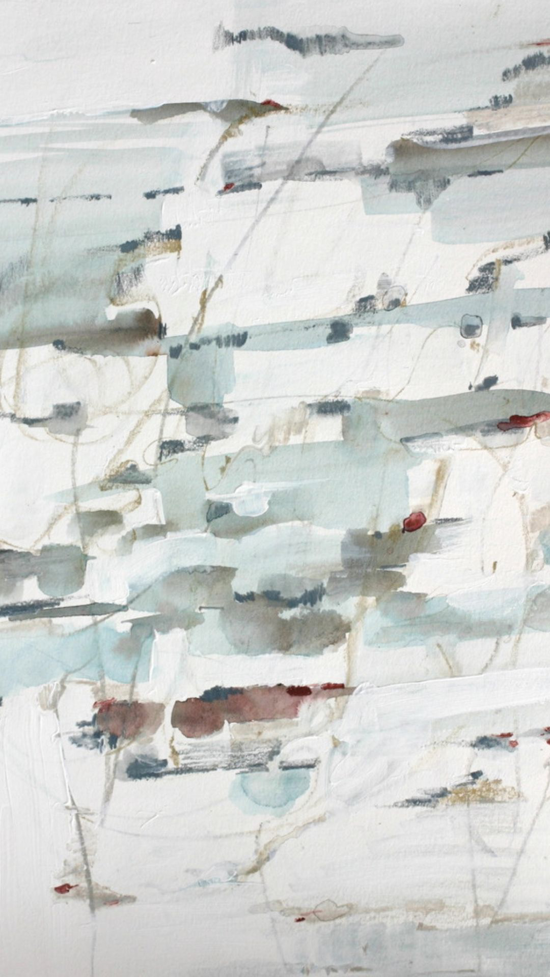 full view  Abstract artwork with horizontal bands of misty blues, warm grays, and white accented with sprinkled shades of rosewood.