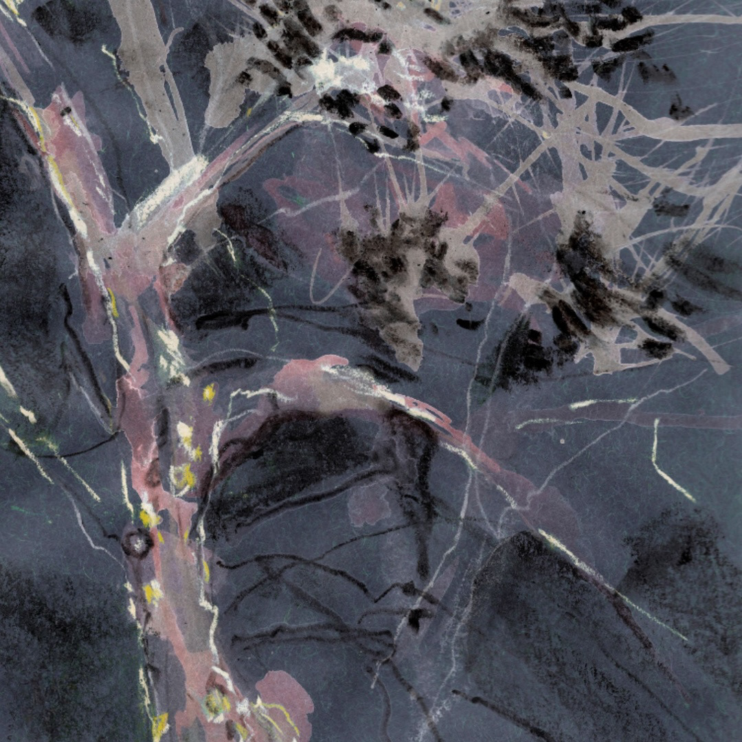 textile wall art: Dramatic lone cypress tree against a dusky blue sky. Deep blue hues with textured trunk and subtle yellow and dusty pink accents.