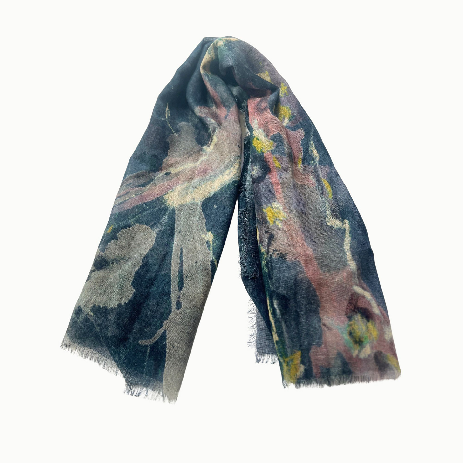 Textile wall art (Folded view): Dramatic lone cypress tree against a dusky blue sky. Deep blue hues with hints of yellow and dusty pink accents.