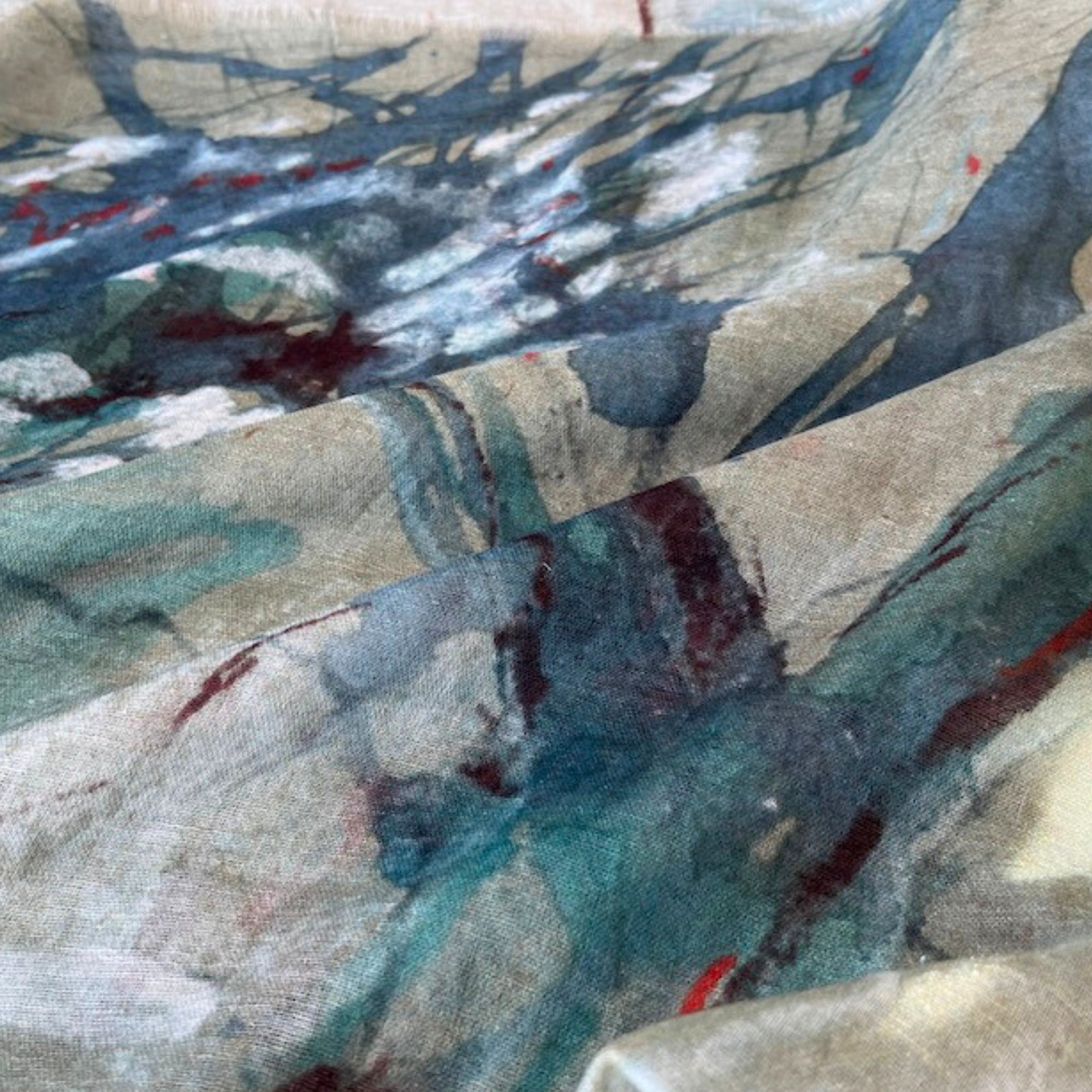 (Folded view 1): vibrant cypress tree illustration with sunlight filtering through branches. Colors range from silvery teals to deep indigo, with warm sienna red accents.