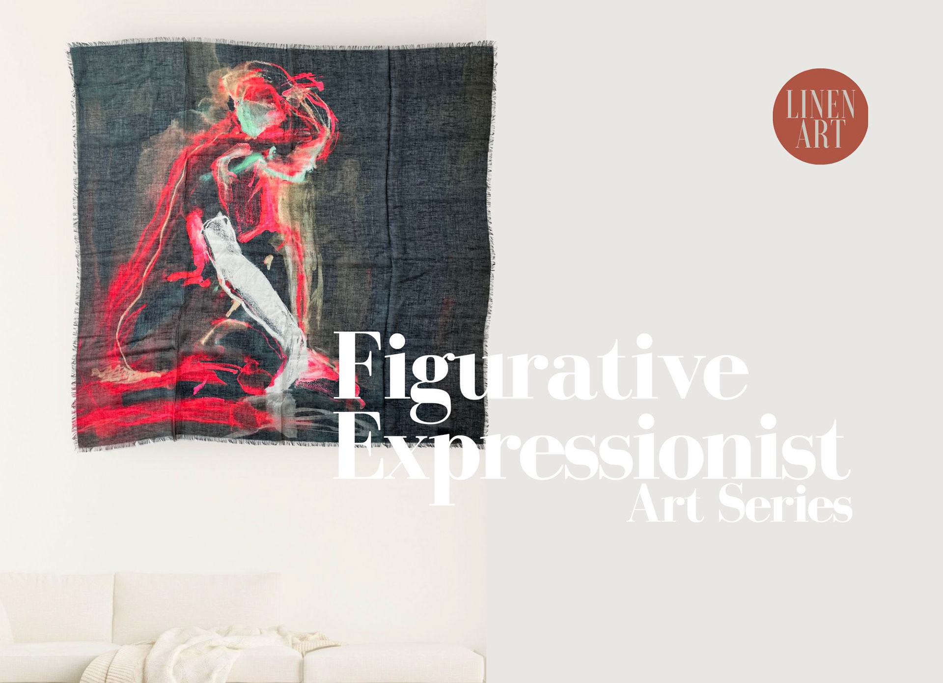 white gallery wall shows  hanging linen artwork expressionistic figure painting on soft linen fabric on deep charcoal ground the figure shows vibrant shades of reds, warm grey, and a mint green accent