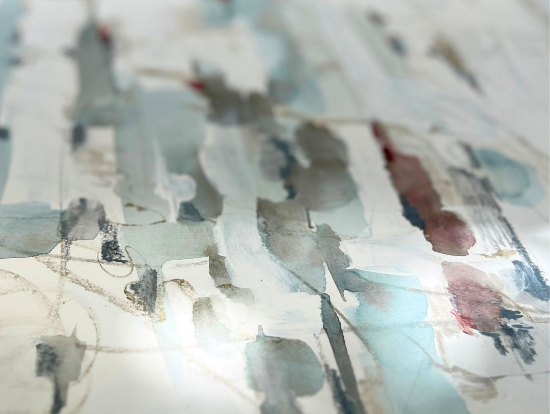 side view  Abstract artwork with horizontal bands of misty blues, warm grays, and white accented with sprinkled shades of rosewood.