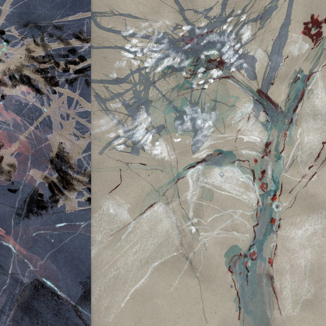 vibrant cypress tree illustration with sunlight filtering through branches. Colors range from silvery teals to deep indigo, with warm sienna red accents.