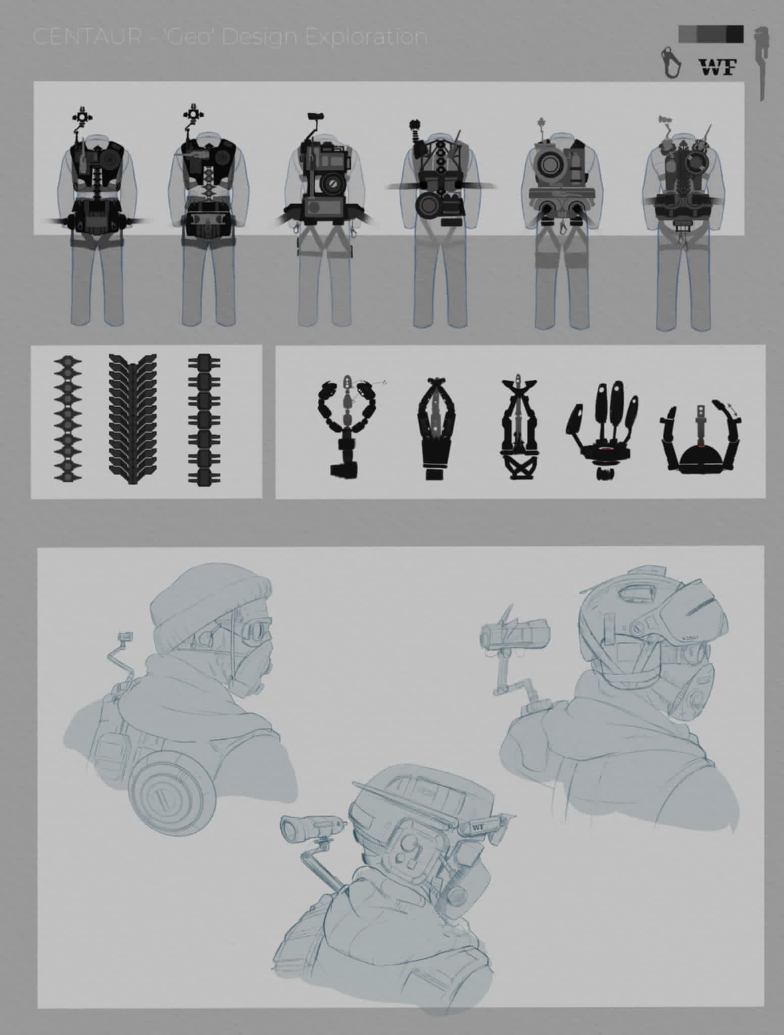 Character design concept  sketches and explorations for a personal animation project titled 'Centaur'. These silhouettes explore the shape and mechanical design for the mentor character, Geo. Produced by Ace Harman. 