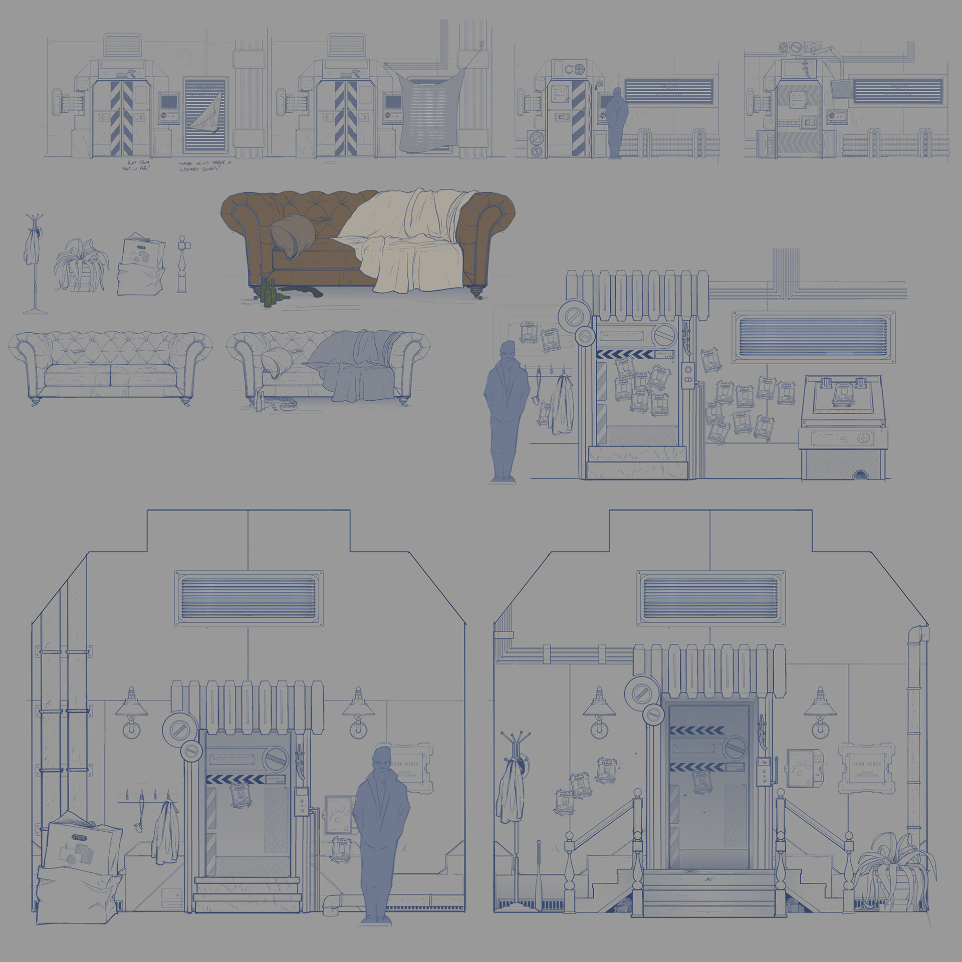 A design sheet showing options and iterations of environmental and prop concepts for a comic book project by Ace harman, designer. 