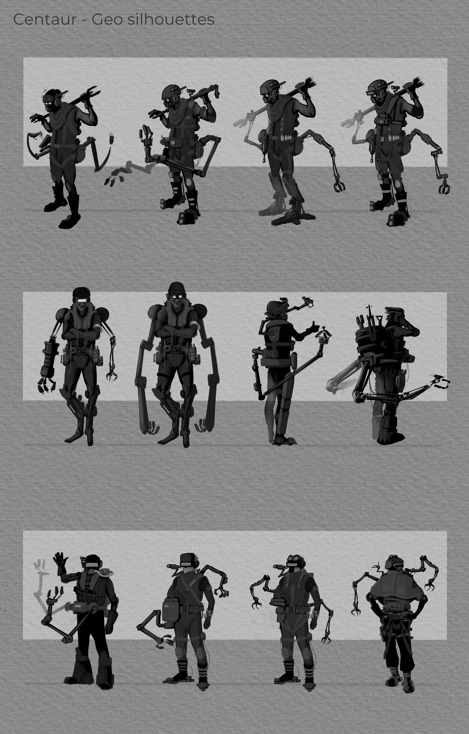 Character design concept silhouettes for a personal animation project titled 'Centaur'. These silhouettes explore the shape and mechanical design for the mentor character, Geo. Produced by Ace Harman. 