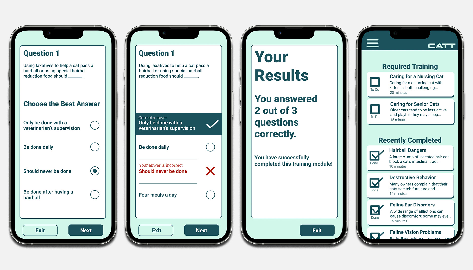 Four app screens showing the last four steps in a user flow