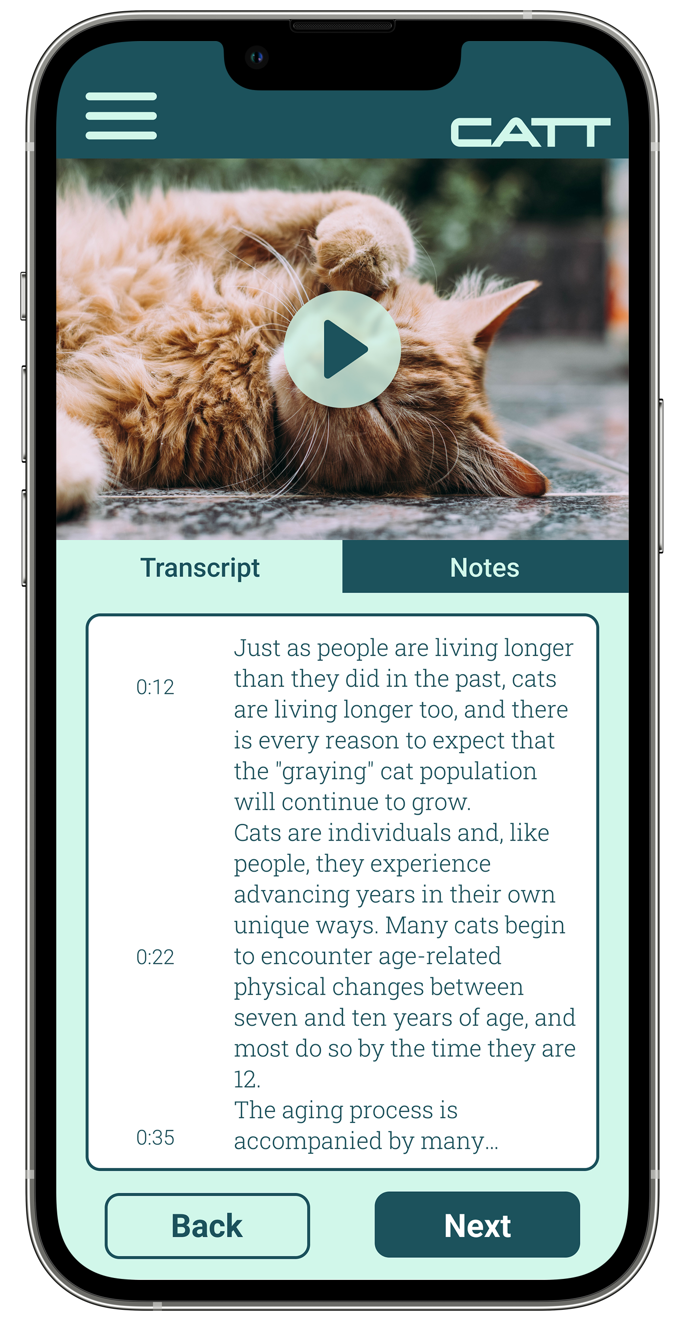 Training screen of app depicting a video player and transcript