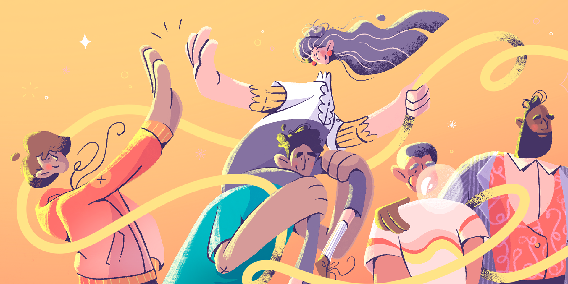 Illustration of two people high-fiving eachother as the woman sits on a man's shoulders