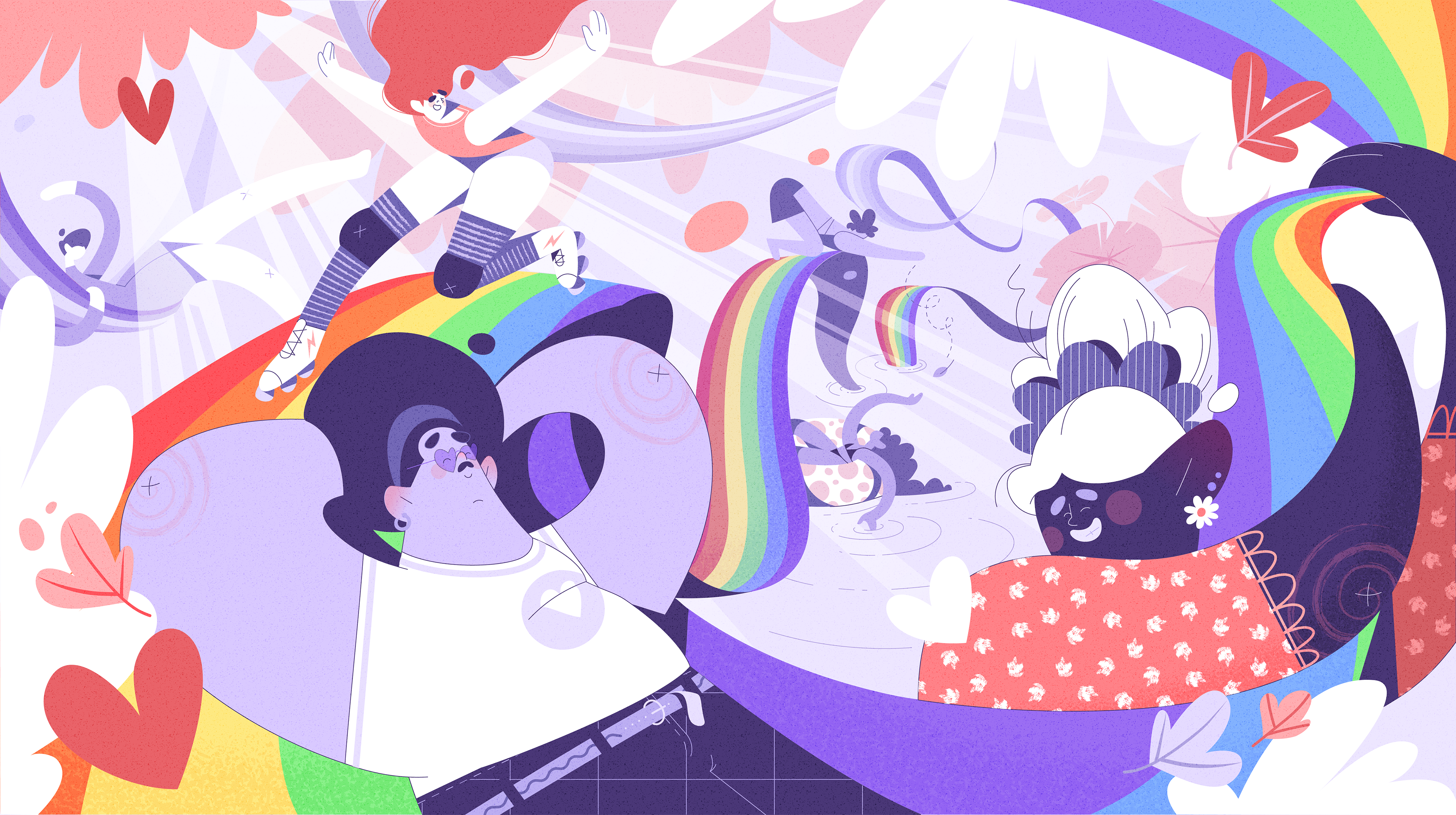 Vector Illustration with carefree individuals enjoying life, all united by a rainbow ribbon to promote Pride awareness