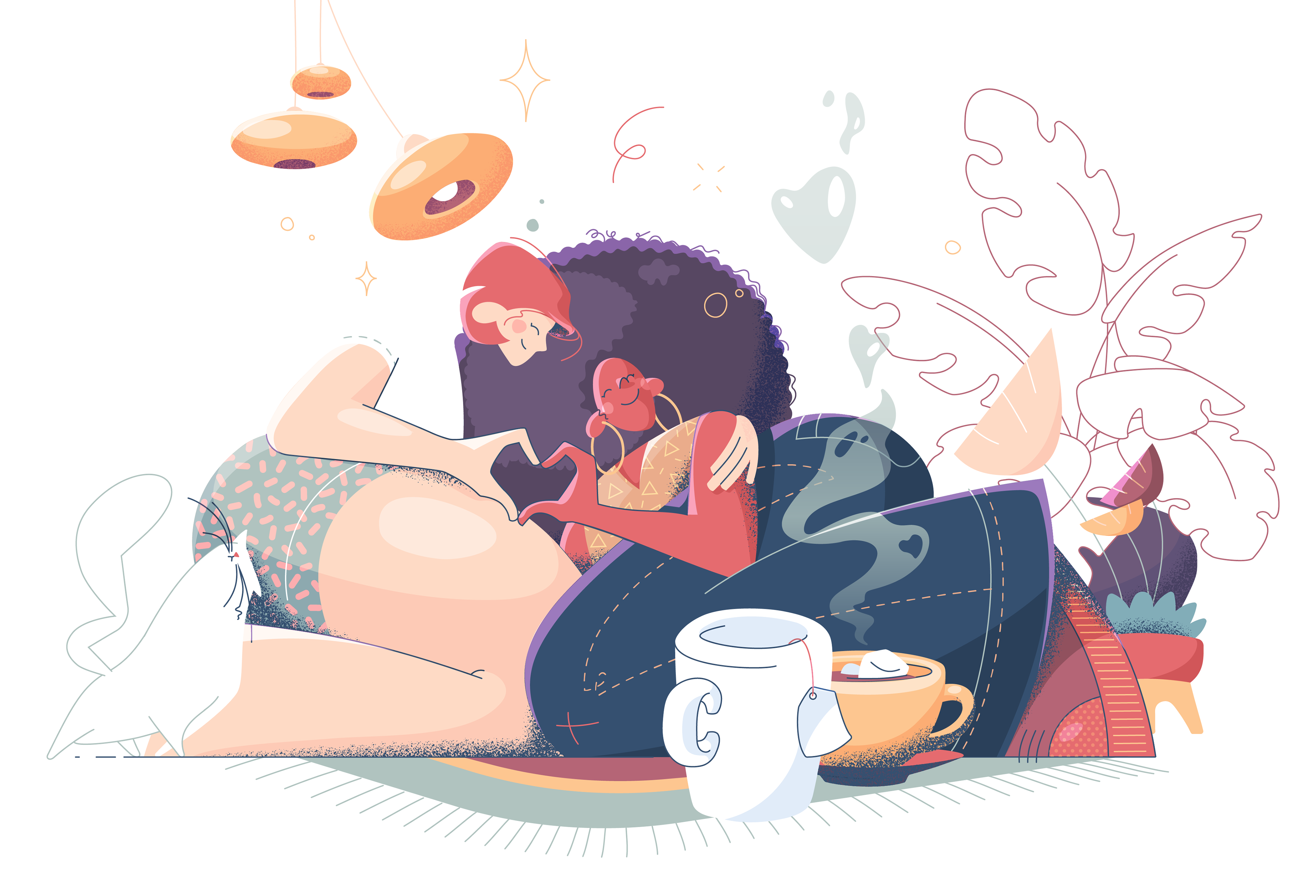 Illustration of a female multi-ethnic couple cuddling affectionately and drinking coffee at home