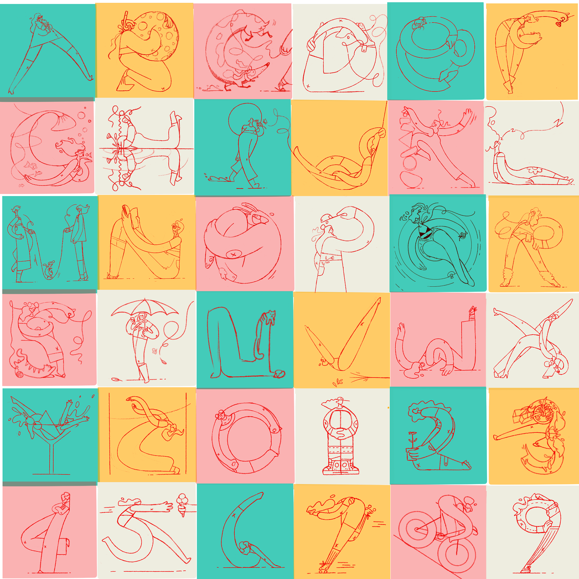 A grid of 36 rough letterform sketches planning 36 Days of Type 10