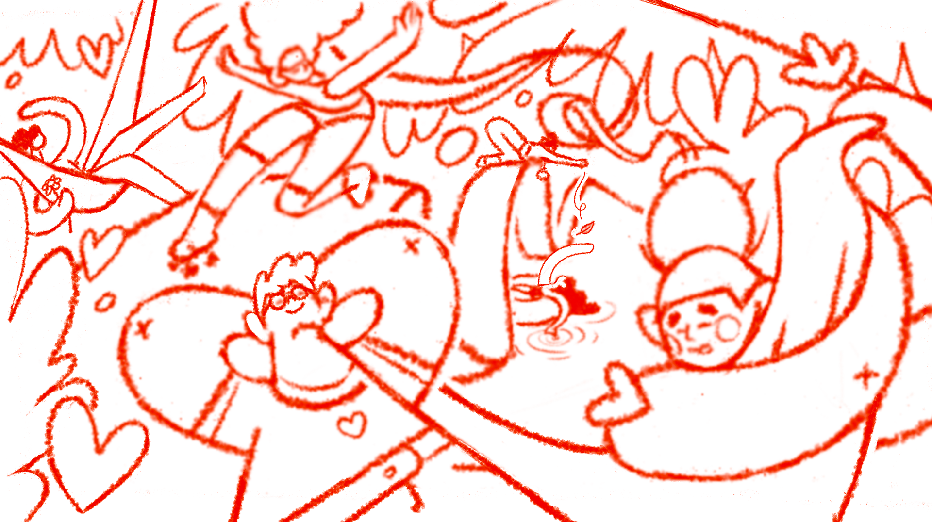Rough concept sketch of a group of individuals enjoying life, connected by the Pride ribbon