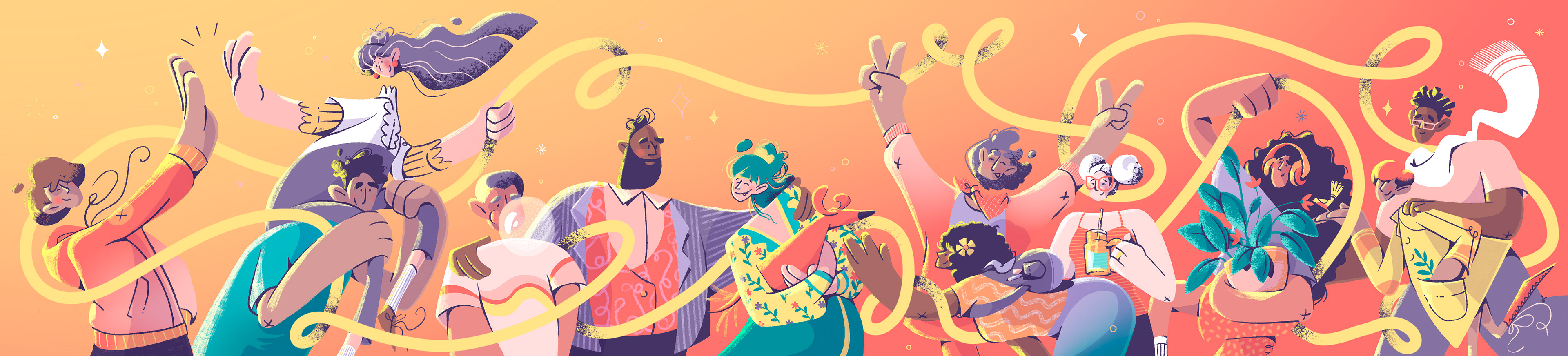 Illustration of a diverse group of people connected by a shared bond weaving between them