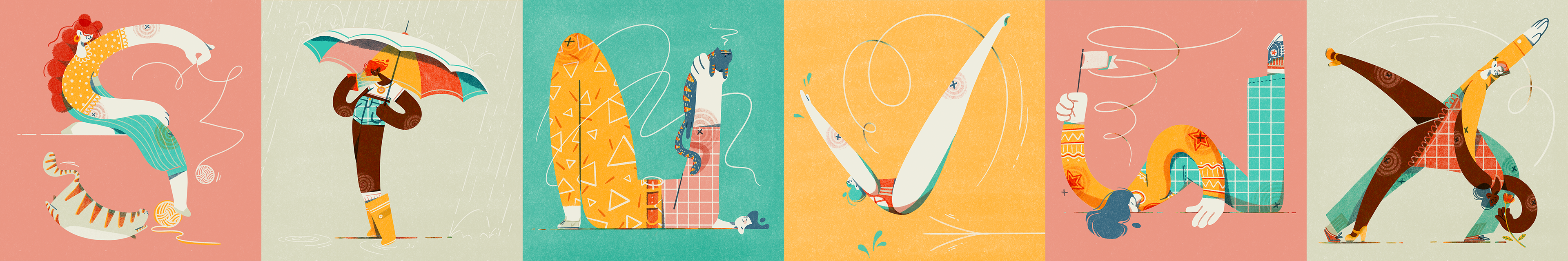 Female figures designed in the shape of the S to X letterforms