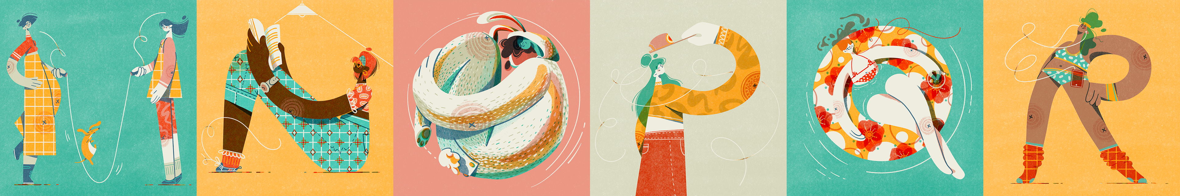 Female figures designed in the shape of the M to R letterforms