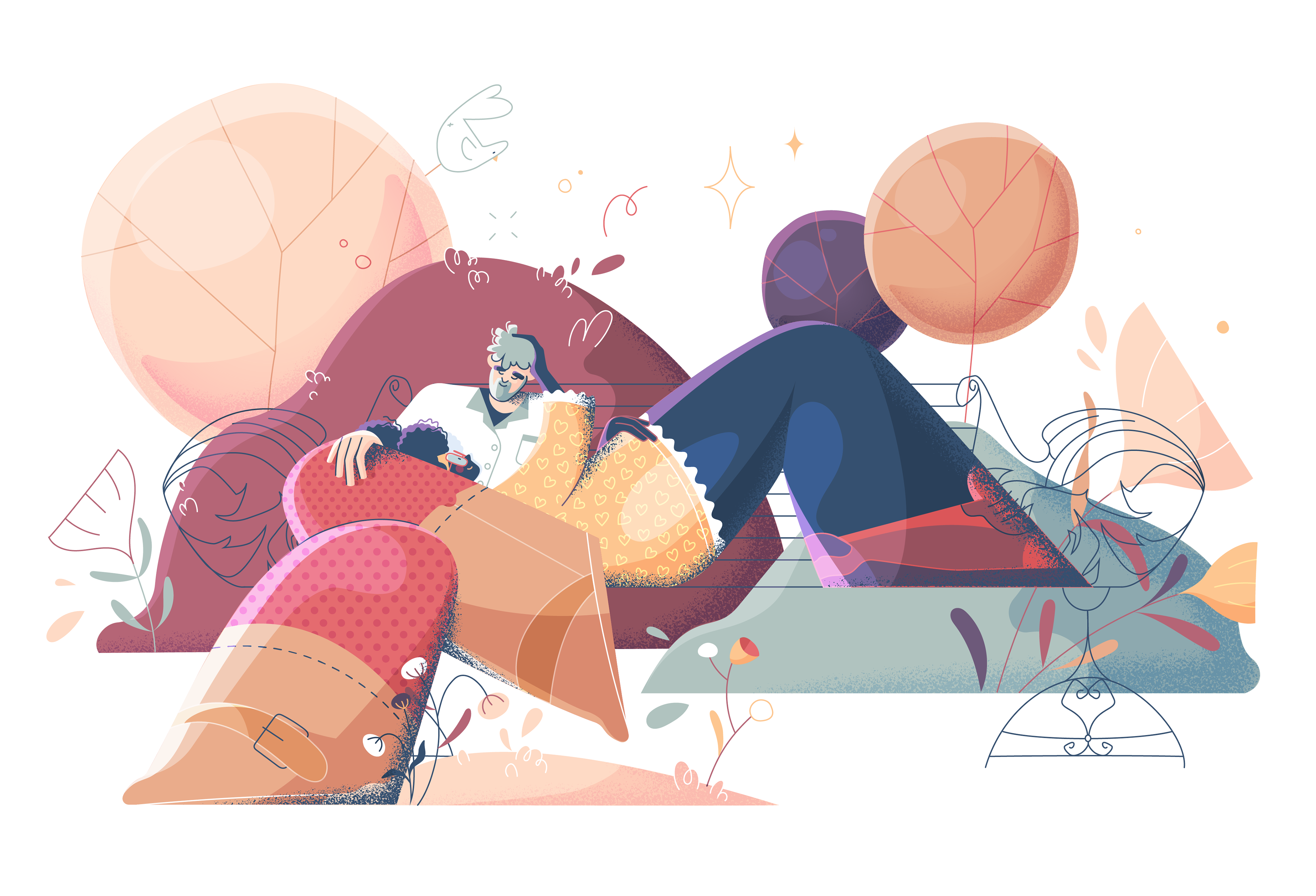 Illustration of a diverse couple relaxing affectionately on.an ornate park bench