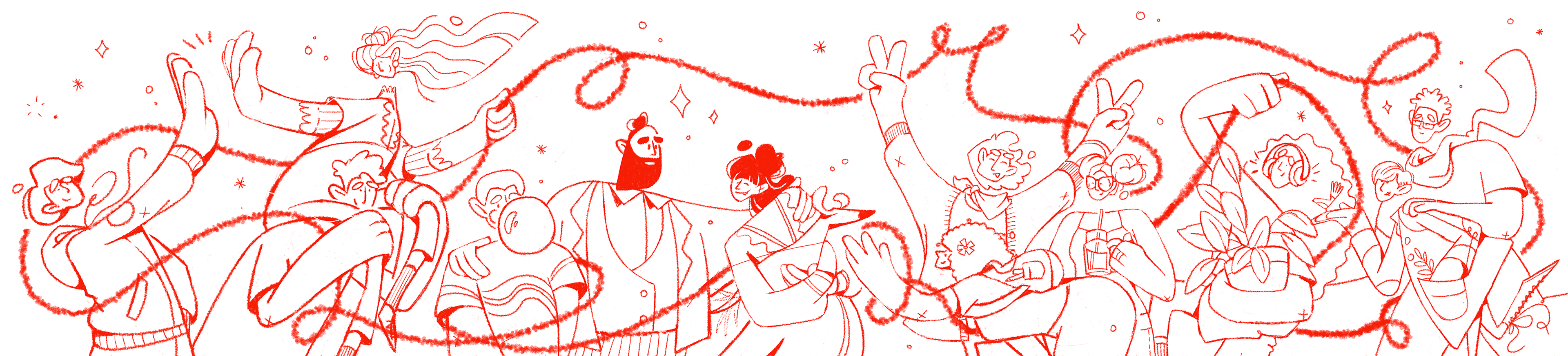 Sketch of a diverse group of people connected by a shared bond weaving between them